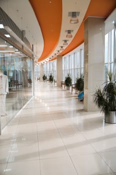 Hall of a modern business centre with set of glass show-windows