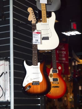 Electric guitar display in a store, Portland OR.