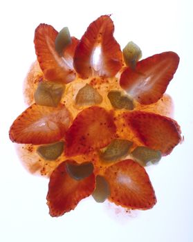 Fresh Jam made out of Strawberry and Rhubarb on white background