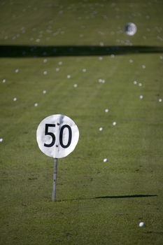 Golf balls lying on a golf driving range with a 50 meter/yard sign