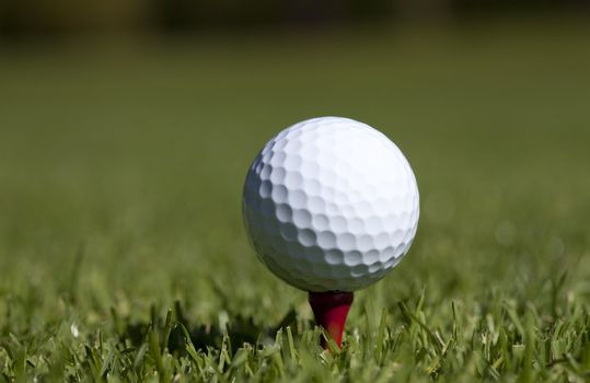 A white Golf ball sits on a red wooden tee on green grass