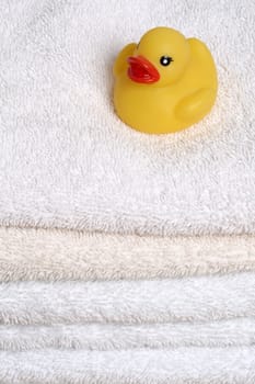 rubber ducky on bath towels