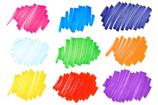 Detailed macro of very bright and colorful felt tip ink markers scribbles or ink blots with paper fibers visible, very large format.