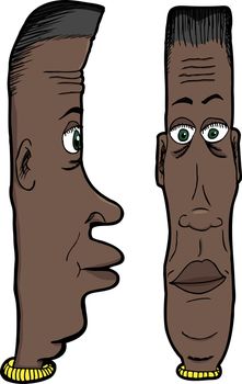 Cartoon of long faced Black man with green eyes