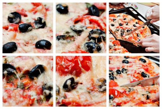 The collage of pizza with tomato and cheese