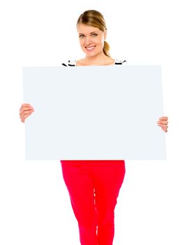 Pretty lady displaying blank placard against white background