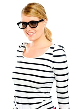 Beautiful fashion woman wearing sunglasses isolated against white background