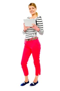 Woman holding tablet computer isolated on white background