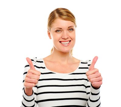 Smiling lady giving two thumbs up over white background