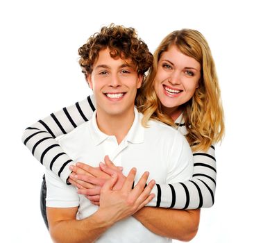 Attractive couple being playful against white background