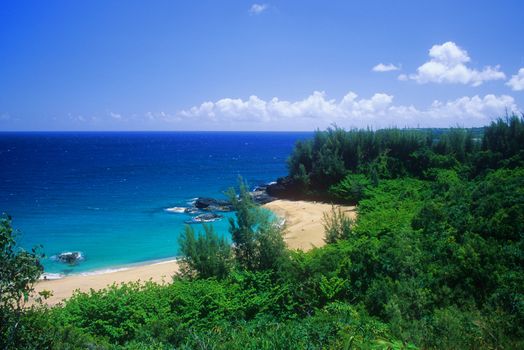 View of secluded Lumahai Beach on the north shore of Kauai, Hawaii.