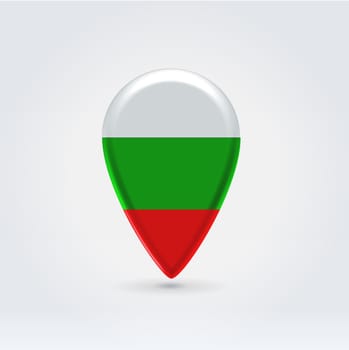 Glossy colorful Bulgaria map application point label symbol hanging over enlightened background
