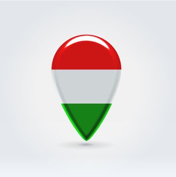 Glossy colorful Hungary map application point label symbol hanging over enlightened background
