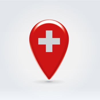 Glossy colorful Switzerland map application point label symbol hanging over enlightened background