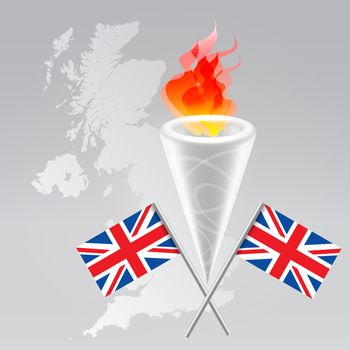 Olympic symbols set: fire torch, flag, UK map silhouette.