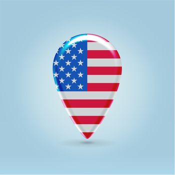 Glossy colorful USA map application point symbol hanging over light blue background