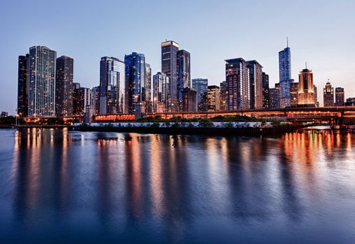 Skyline of Chicago from the Navy Pier at sunset