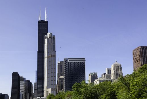 Skyline of Chicago from the river with Willis tower in distance