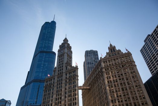 CHICAGO - MAY 14: Trump Tower looms behind Wrigley Building in Chicago on May 14, 2012. Trump Tower tops out at 1389 feet