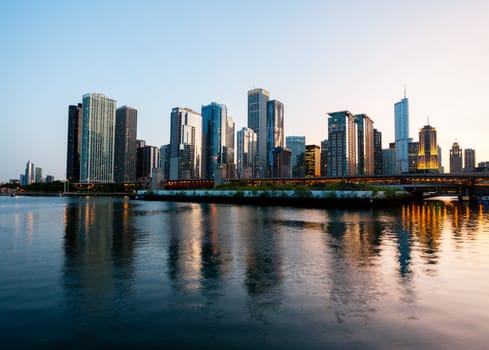 Skyline of Chicago from the Navy Pier at sunset