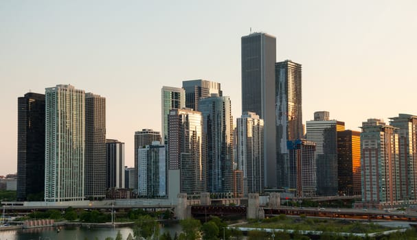 Skyline of Chicago from the Navy Pier at sunset