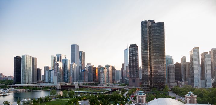 Skyline of Chicago from the Navy Pier at sunset