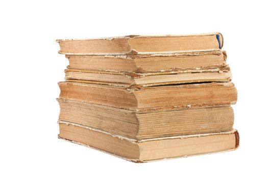 A stack of old books isolated on white background