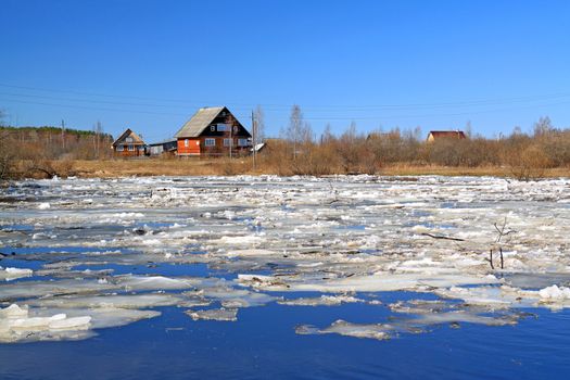 driving of ice on river to will to villages