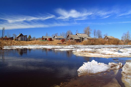 driving of ice on river to will to villages