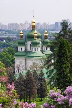 Kiev Botanic Garden. View to the Vydubichi monastery and left bank of Dnipro river