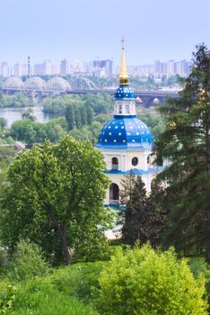 Kiev Botanic Garden. View to the Vydubichi monastery and left bank of Dnipro river