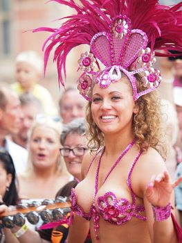 COPENHAGEN - MAY 26: Participant in the 30th annual Copenhagen Carnival parade of fantastic costumes, samba dancing and Latin styles starts on May 25, 2012 in Copenhagen, Denmark.