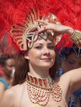 COPENHAGEN - MAY 26: Participant in the 30th annual Copenhagen Carnival parade of fantastic costumes, samba dancing and Latin styles starts on May 25, 2012 in Copenhagen, Denmark.