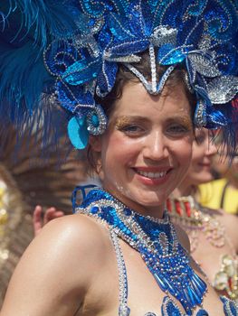 COPENHAGEN - MAY 26: Participant in the 30th annual Copenhagen Carnival parade of fantastic costumes, samba dancing and Latin styles starts on May 25, 2012 in Copenhagen, Denmark.