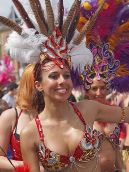 COPENHAGEN - MAY 26: Participant in the 30th annual Copenhagen Carnival parade of fantastic costumes, samba dancing and Latin styles starts on May 25, 2012 in Copenhagen, Denmark.