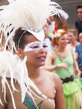 COPENHAGEN - MAY 26: Participant in the 30th annual Copenhagen Carnival parade of fantastic costumes, samba dancing and Latin styles starts on May 25, 2012 in Copenhagen, Denmark.