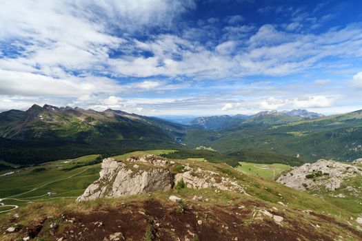 aerial view of Panaveggio natural park and Fiemme valley from Rolle pass, Italian Dolomites