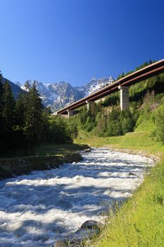 bridge over Dora Baltea river near Courmayeur, Aosta Valley, Italy