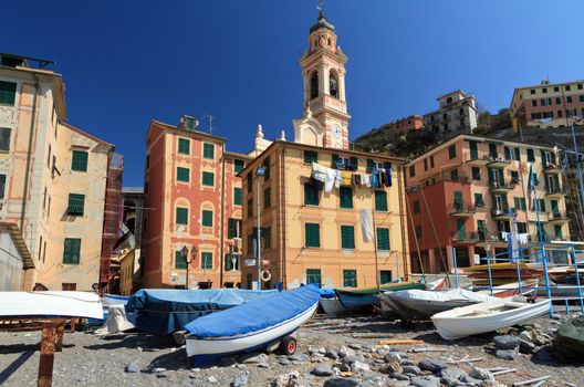 the ancient village of Sori from the beach, Liguria, Italy