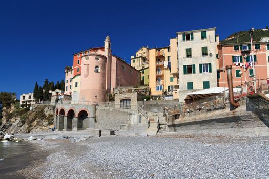 view from the seaside in Sori, small village in Liguria, Italy