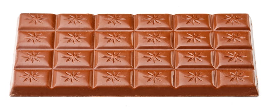 Milk chocolate bar isolated on white background.