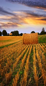 Golden sunset over farm field with hay bales