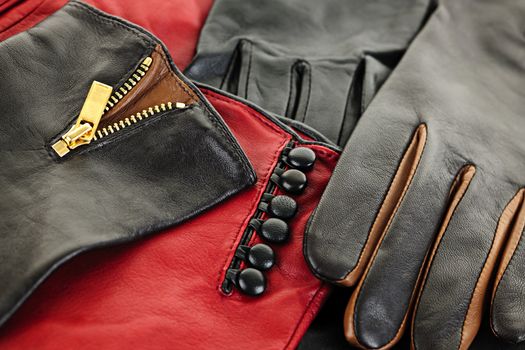 Assorted selection of leather female gloves closeup