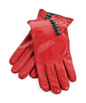 Red leather female gloves isolated on white background