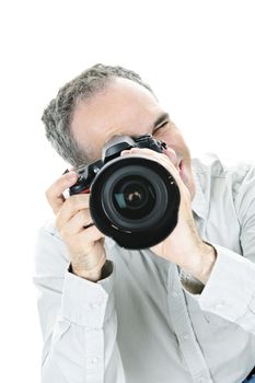 Portrait of male photographer with camera isolated on white background