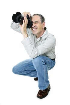 Portrait of male photographer with camera isolated on white background