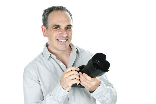 Portrait of male photographer with camera isolated on white background