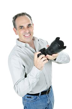 Portrait of male photographer with camera isolated on white background