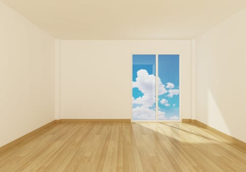 Empty Space room interior and blue sky outside windows