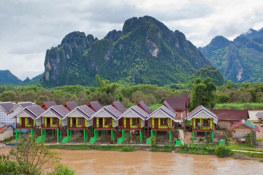 Village and mountain in Vang Vieng, Laos